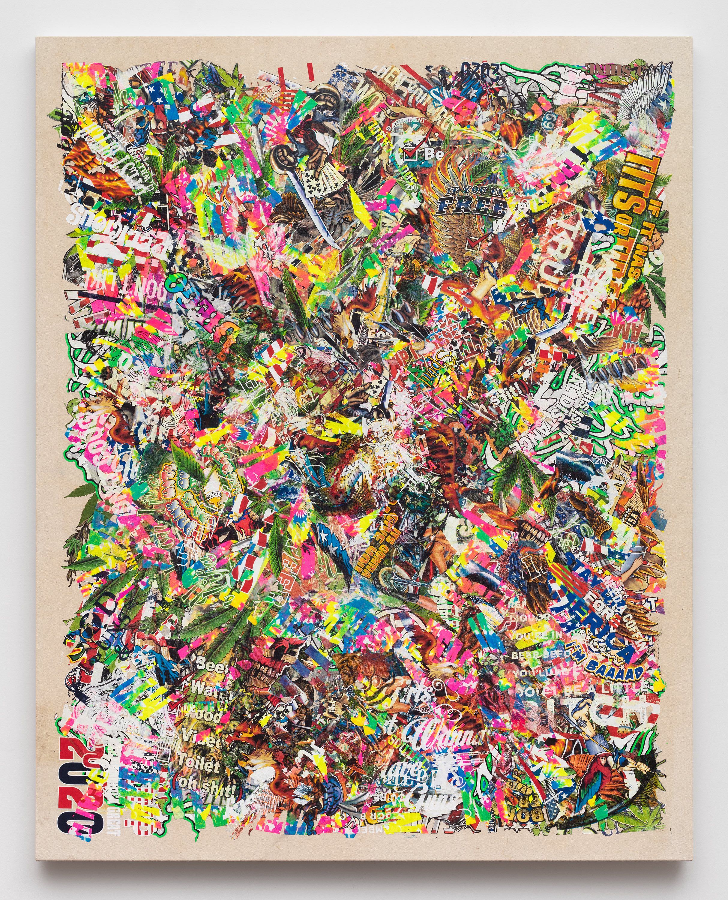 An array of neon and bright colored t-shirt graphics collaged on a canvas.