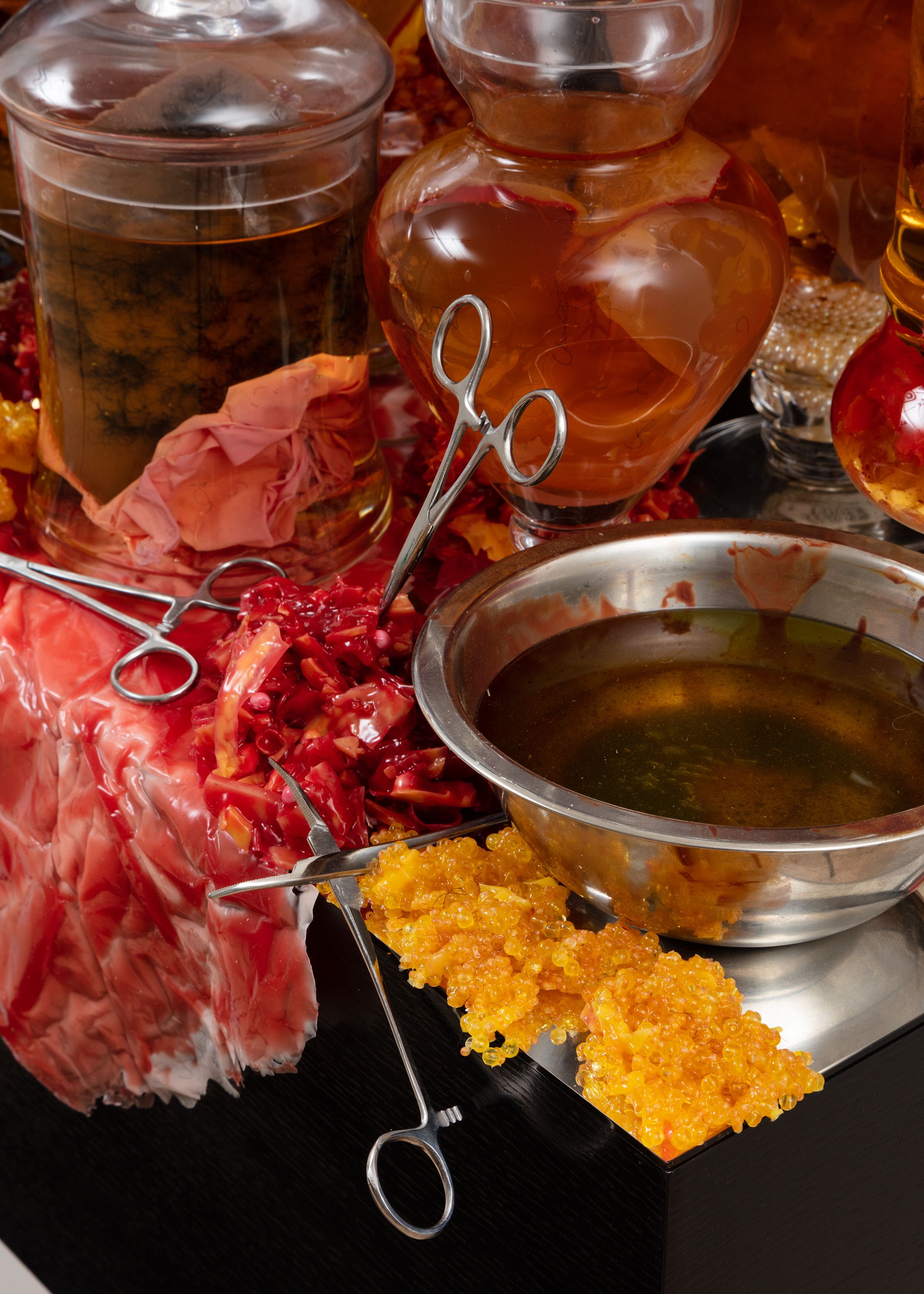 Detail image of the apothecary jars and surgical tools that make up the artwork.