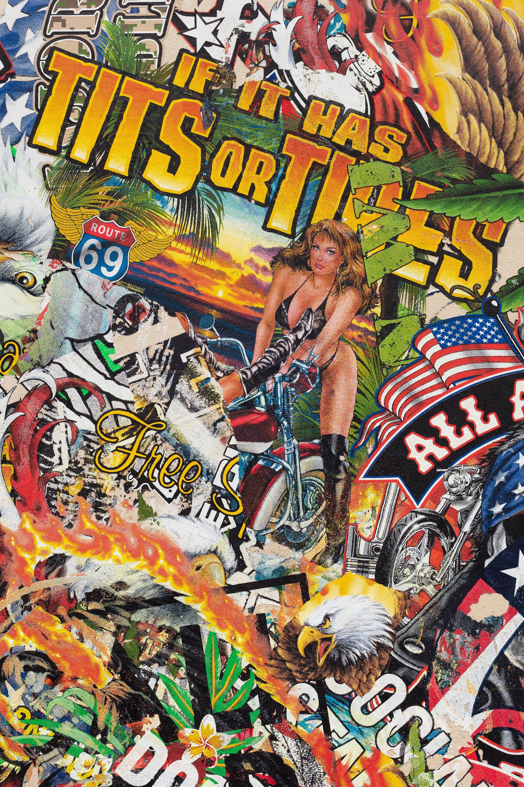 Detail image of the t-shirt graphics with various words printed on one another, IF IT HAS TITS OR TIRES, and a woman in a bikini posing.