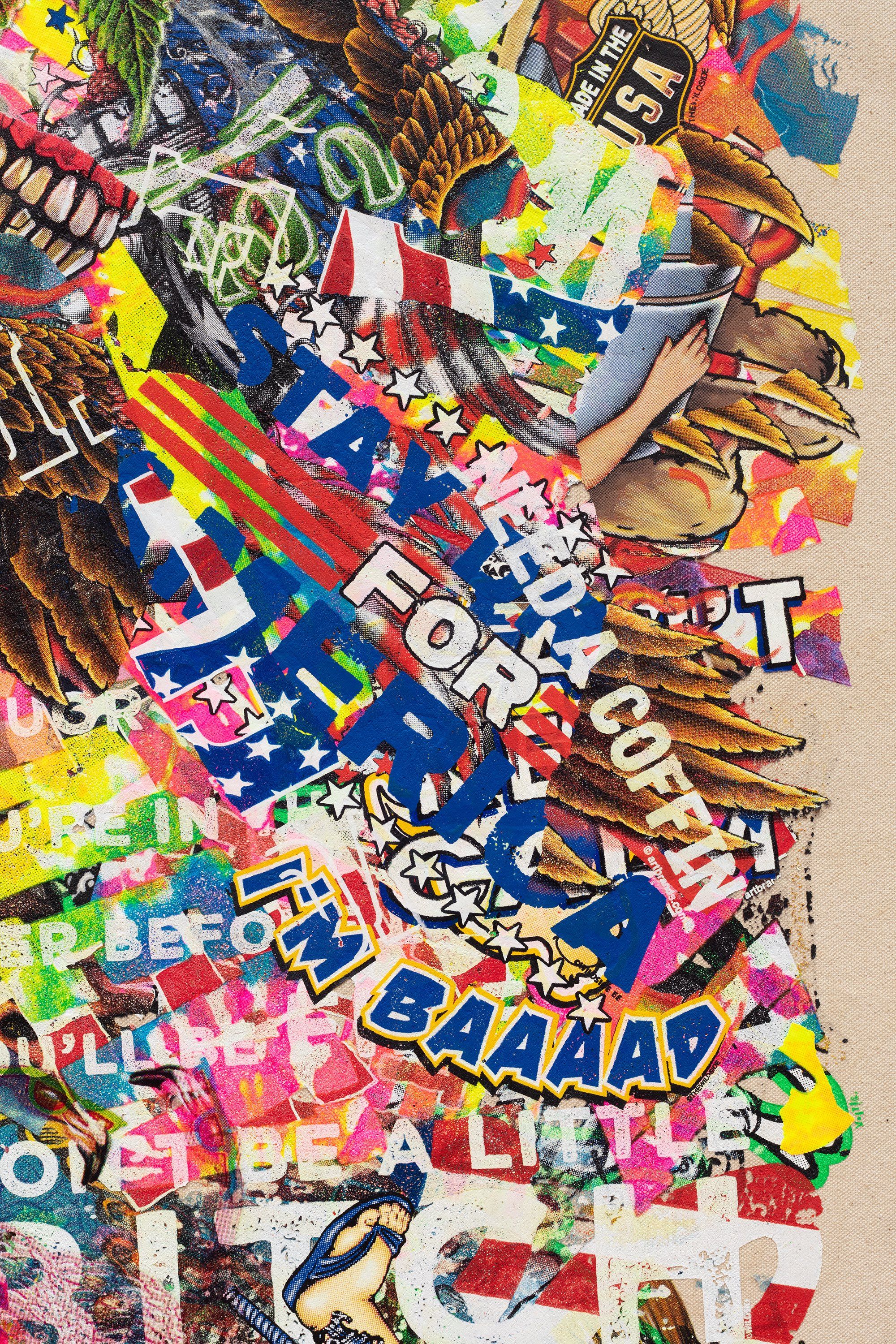 Detail image of the t-shirt graphics with various words printed on one another, I'M BAAAD and STAY DRY FOR AMERICA and NEED A COFFIN.