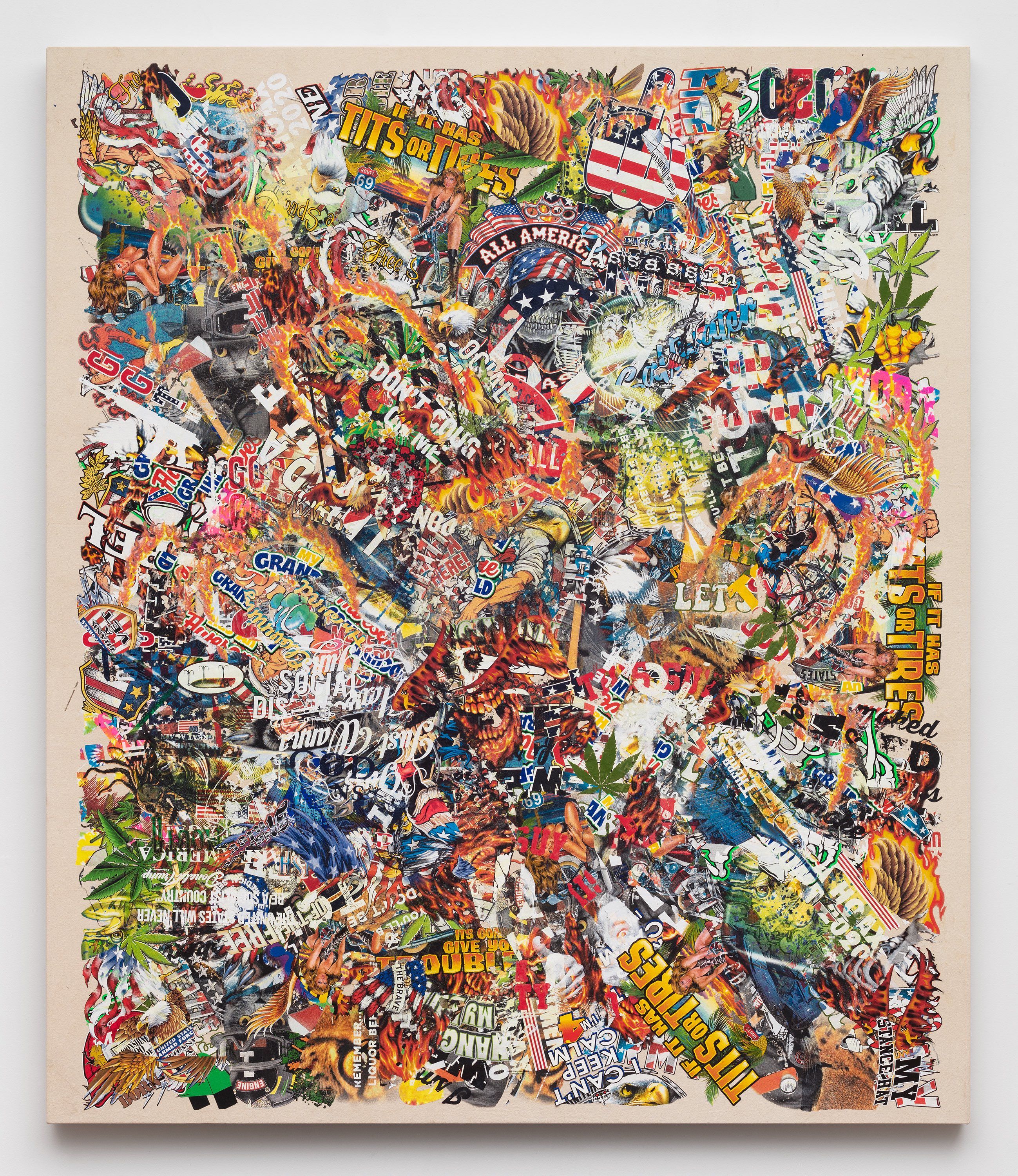 An array of t-shirt graphics collaged on a canvas.