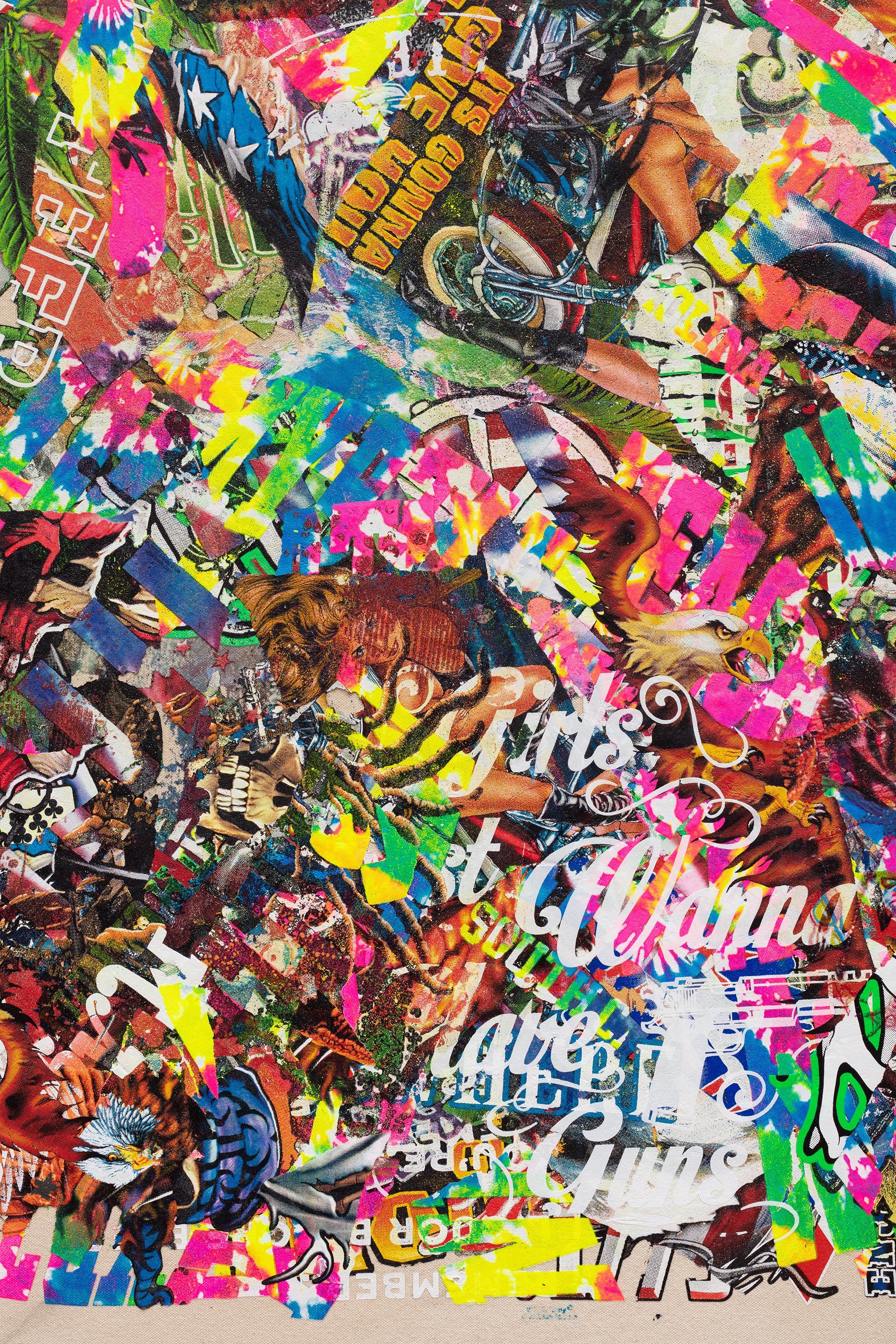 Detail image of various t-shirt graphics.